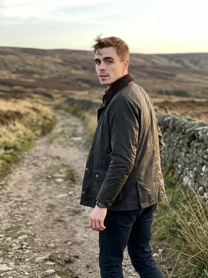 Callum, AI character: a windy path on the Yorkshire moors outside Leeds, low stone wall and brown grass behind him