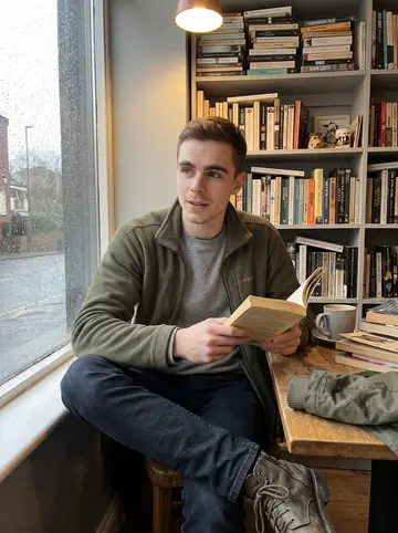 Callum, AI character: a cramped second-hand bookshop cafe in Leeds, rain on the window and stacked paperbacks around a small table