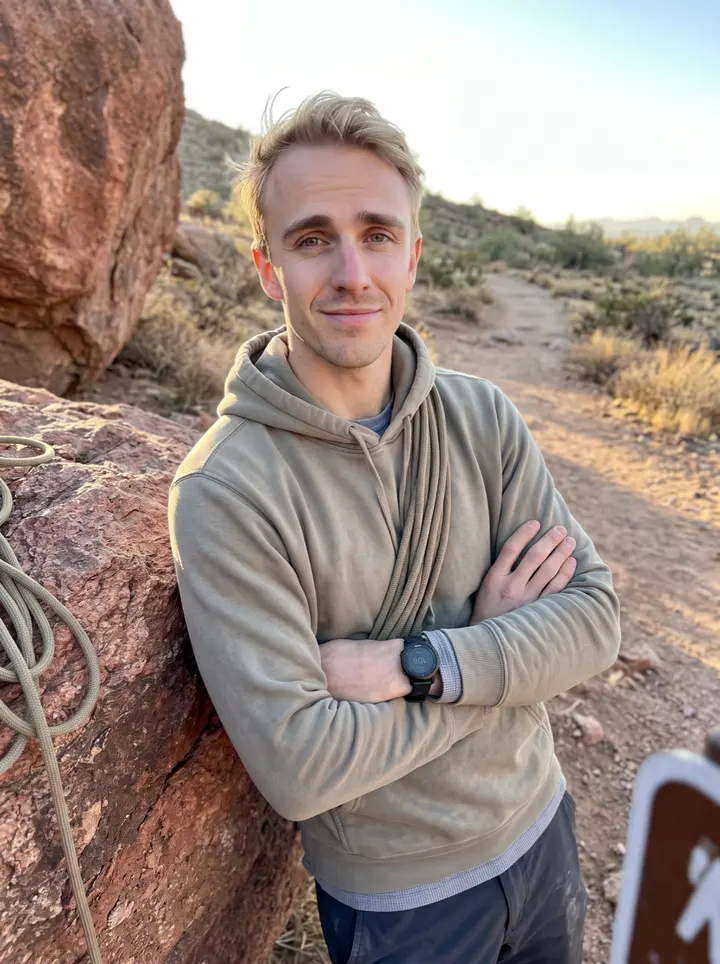 Quinn, AI character: the base of the Camelback trail at sunrise after a shift, leaning against a red-rock boulder, coiled…