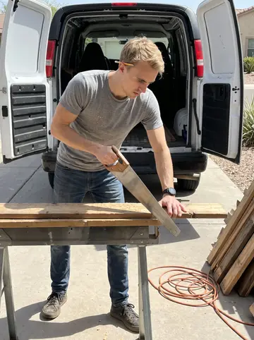 Quinn, AI character: a coworker's driveway in Tempe at about 3pm, the back doors of his van open behind him, a sawhorse with…