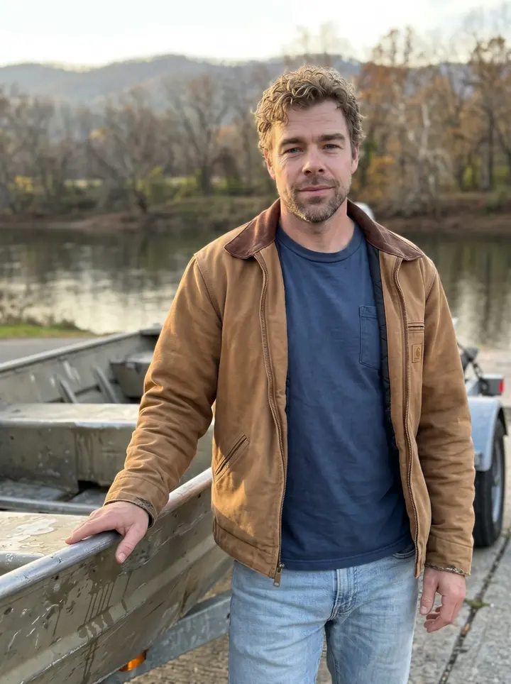 Abbott, AI character: the concrete boat ramp on the New River at dusk, leaning against his dented aluminum jon boat on its…