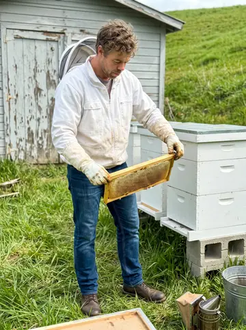 Abbott, AI character: his backyard apiary in southern West Virginia, three white hive boxes on cinder blocks, a green hillside…