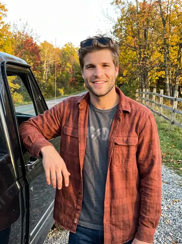 Beckett, AI character: a gravel pull-off beside a country road outside Murfreesboro, leaning against the open door of his old…