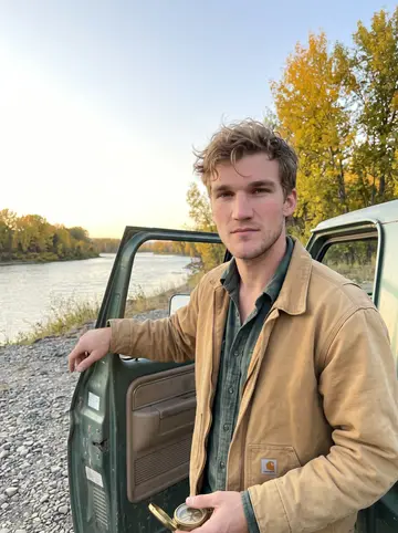 Corbin, AI character: a gravel pullout above the Salmon River, leaning beside the open door of his dusty work pickup, yellow…