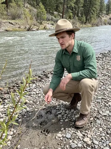 Corbin, AI character: a gravel bar on the Salmon River at midday in spring, greening banks and fast snowmelt water behind him