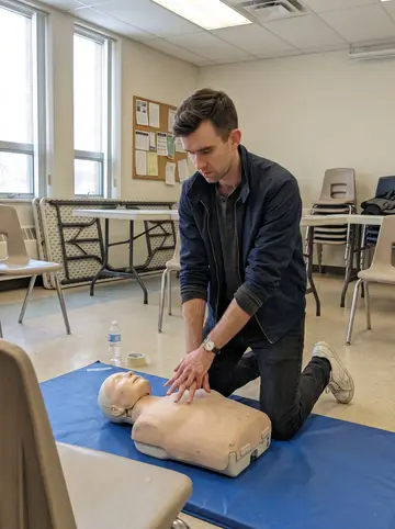 Shawn, AI character: Saturday morning CPR class in a neighborhood rec center classroom, folding tables pushed aside and a…