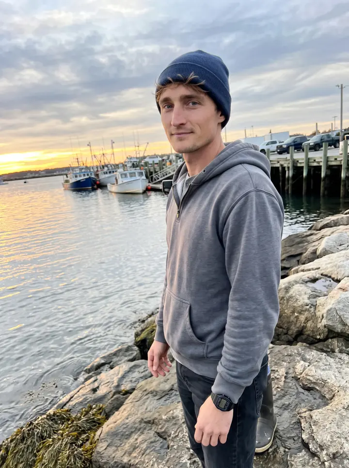Frederick, AI character: the rocks above Gloucester harbor near sunset, trawlers and low orange water behind him