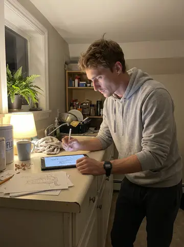 Frederick, AI character: his small apartment above the bait shop, kitchen counter covered with a tablet, mugs, and rough…
