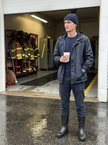 Frederick, AI character: outside the Gloucester firehouse bay door on a rainy spring afternoon, turnout gear racks visible inside