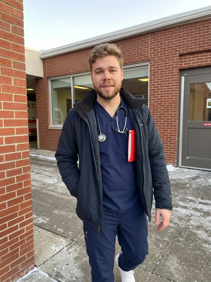 Brent, AI character: outside the staff entrance of a Pittsburgh ER after a night shift, low morning sun hitting the brick wall…