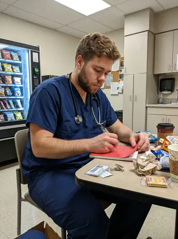 Brent, AI character: small ER break room during a quiet stretch of night shift, vending machine glow and a cluttered table with…