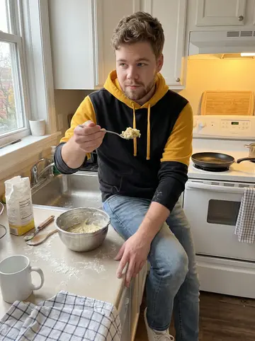 Brent, AI character: his tiny Polish Hill kitchen during pierogi night, flour on the counter, a mixing bowl and pan on the…