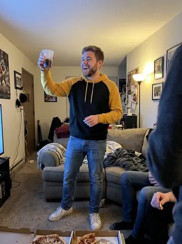 Brent, AI character: friend's apartment during a Pittsburgh football watch party, TV glow on the room and takeout boxes on the…