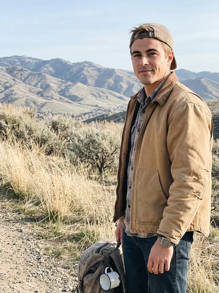 Jamie, AI character: a sagebrush pullout above the Boise foothills after a clear spring shift, dry grass and low hills behind him