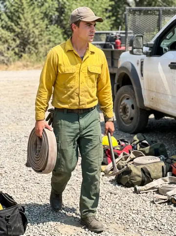 Jamie, AI character: a dusty fire camp staging area outside Boise, gear bags and a crew truck parked on gravel