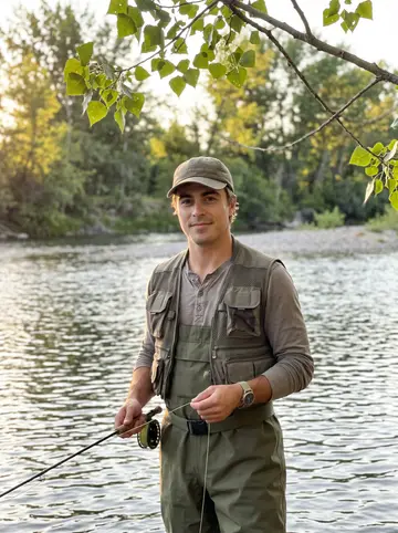 Jamie, AI character: the Boise River at dusk, shallow water around his waders and cottonwoods along the bank