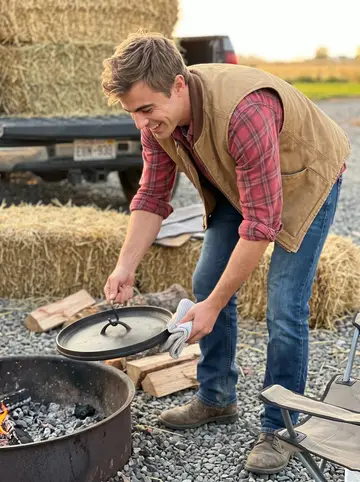 Jamie, AI character: the Caldwell farm yard beside a low fire ring, dutch oven set in coals near hay bales and a pickup tailgate