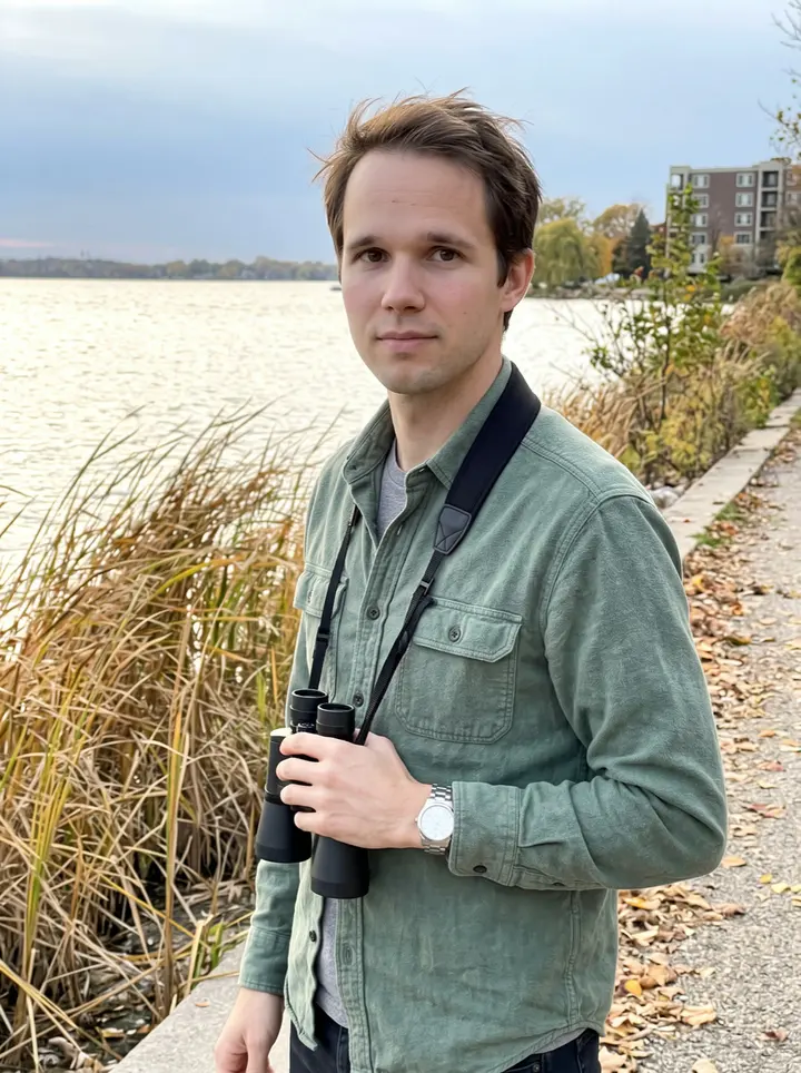Joe, AI character: Lake Monona shoreline in Madison during an early evening birdwatching walk, reeds and water behind him