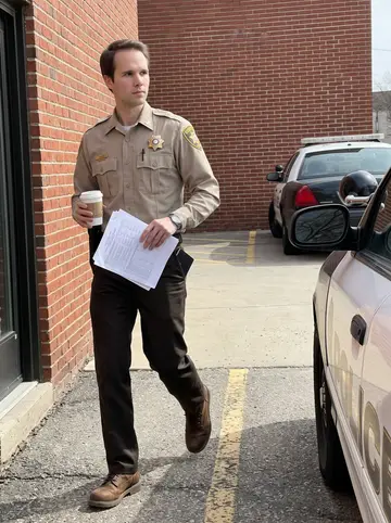 Joe, AI character: outside the Dane County sheriff substation after a day shift, patrol cars and a plain brick wall in the…