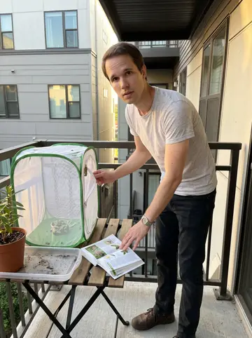 Joe, AI character: his fourth-floor apartment balcony in Madison with mesh monarch caterpillar cages, potted milkweed, and a…