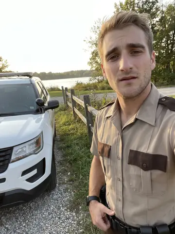 Dan, AI character: the quiet lake access road outside his rural county, leaning against the wooden railing by the water