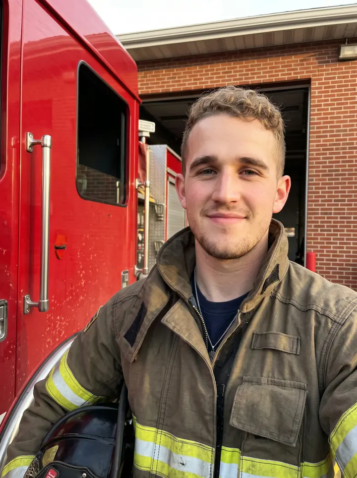 Wayne, AI character: outside the Scranton fire station at the edge of the apparatus bay, leaning against the clean side panel…