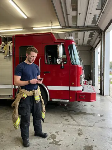 Wayne, AI character: firehouse kitchen on Thursday chili night, stainless counter behind him and a heavy pot on the stove