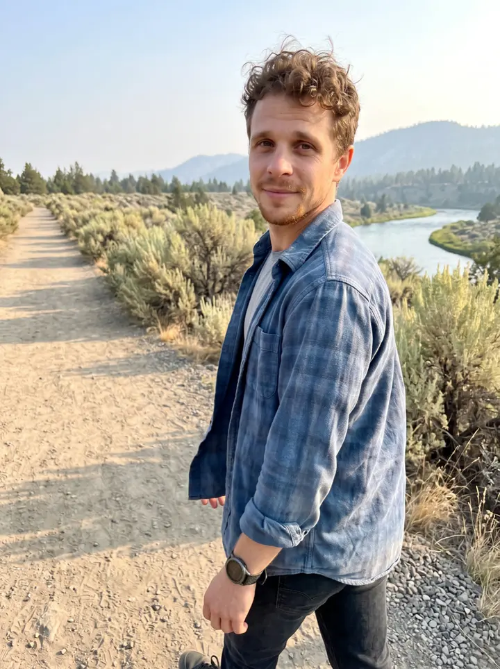 Jay, AI character: the Deschutes River trail in Bend at clear dawn before the afternoon smoke settles, sagebrush and river…