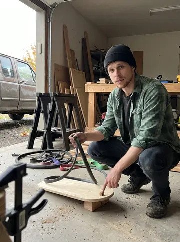 Jay, AI character: his open garage in Bend, scrap wood on sawhorses, old bike tubes, rehab bands, and his battered truck…