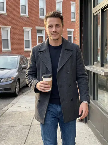 Clayton, AI character: a South Philly sidewalk outside a small coffee window on his day off, rowhouse brick and parked cars…