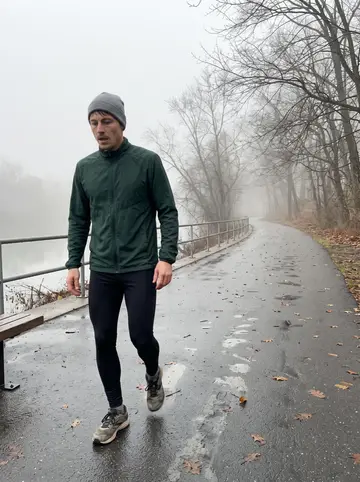 Clayton, AI character: the Schuylkill River Trail near Fairmount Park just after dawn, damp path and bare trees fading into fog