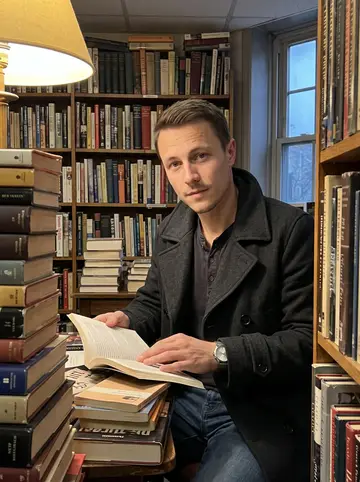 Clayton, AI character: a narrow used bookshop near Center City, stacked paperbacks and a small reading table around him