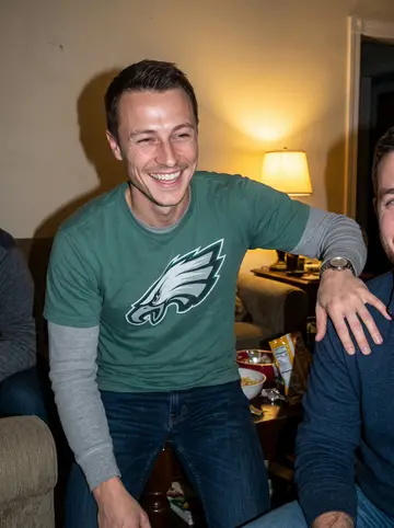 Clayton, AI character: his sister's South Philly living room during an Eagles Sunday, sofa arm and snack bowls visible, family…