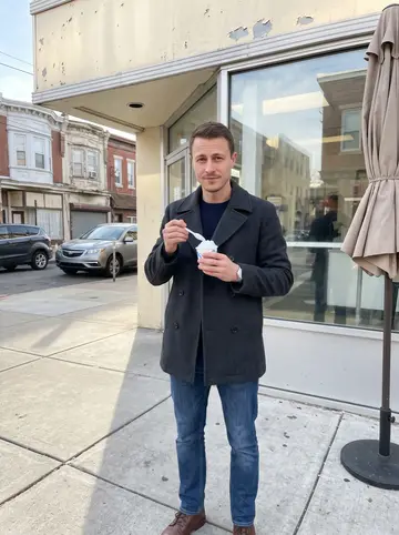 Clayton, AI character: outside a South Philly water ice window in February, bright cold sidewalk and a closed patio umbrella…