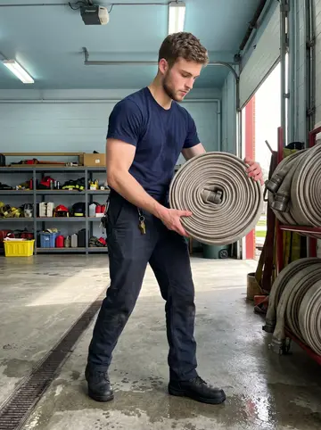 Logan, AI character: the open bay of the fire station during a Saturday cadet drill, wet concrete floor and hose racks behind him