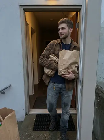 Logan, AI character: the apartment building doorway after a grocery run, wet steps and a dim hallway behind him