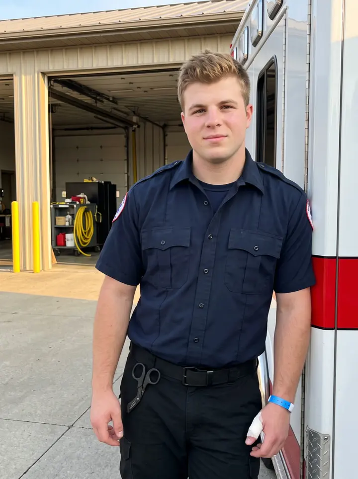Paul, AI character: outside the ambulance bay at a Dayton EMS station after shift, leaning against the side of a parked…
