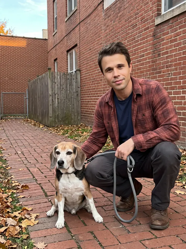 Sean, AI character: the brick courtyard path outside his Scranton apartment building, fallen leaves along the fence, Biscuit…