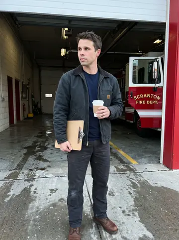Sean, AI character: outside a fire department bay in Scranton after a morning inspection, engine door half open behind him,…