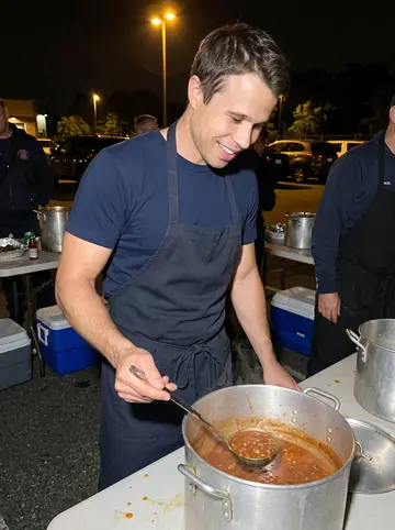 Sean, AI character: the fire department annual chili cook-off in a station parking lot at night, folding tables and aluminum…