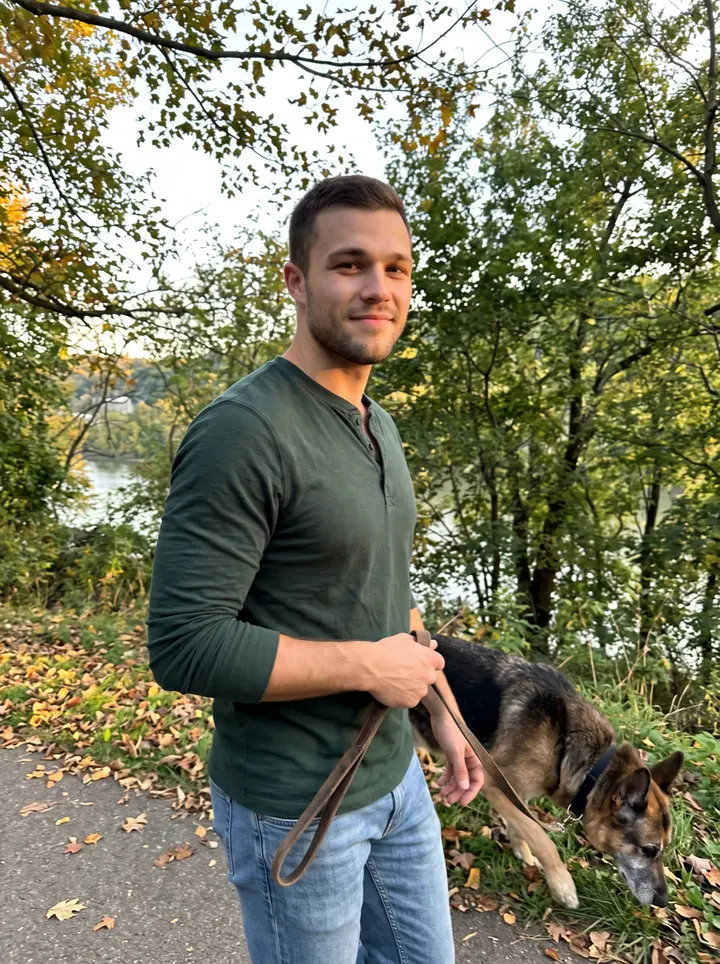 Grant, AI character: a tree-lined trail above the Allegheny River in Pittsburgh, Rex just ahead on a worn leather leash