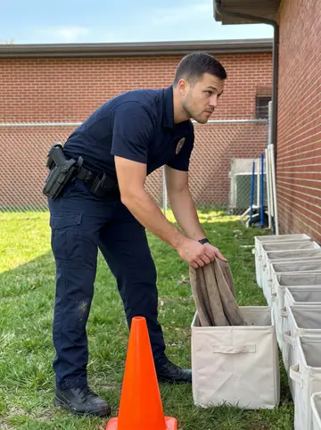 Grant, AI character: the department K-9 training yard in Pittsburgh during a Saturday open day, rubber cones and canvas scent…