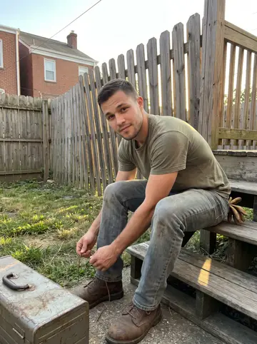 Grant, AI character: his neighbor's narrow Pittsburgh backyard beside a half-fixed wooden fence and a metal toolbox