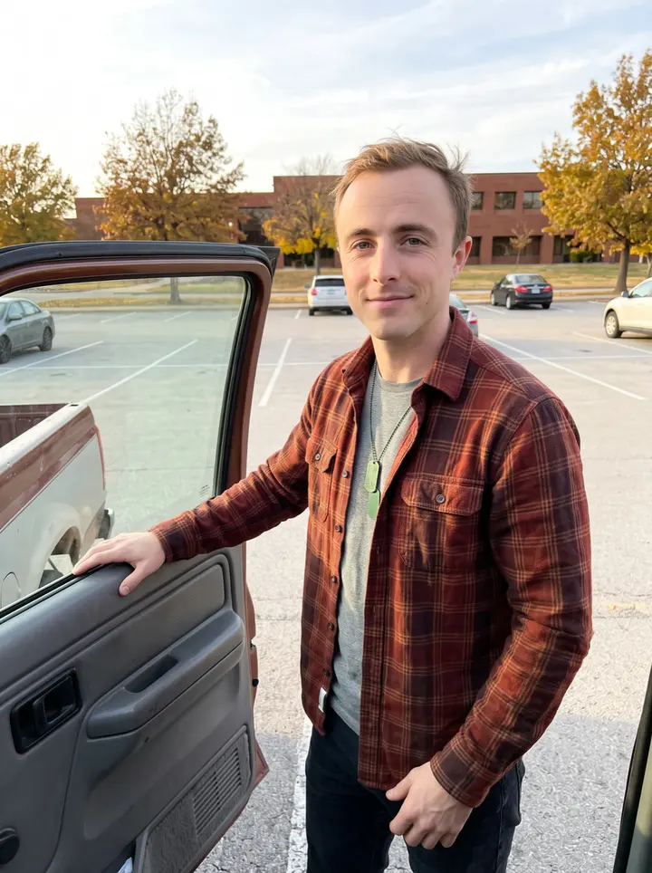 Philip, AI character: a quiet parking lot outside a Tulsa community college, one arm resting on the open door of his older…