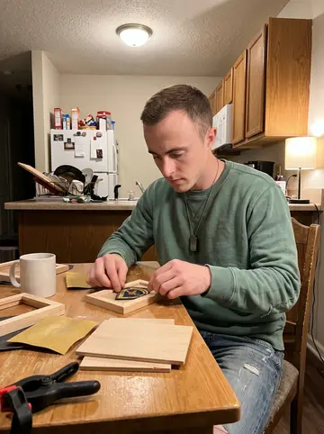 Philip, AI character: his small Tulsa apartment kitchen table, old military patches laid out beside little wooden frames