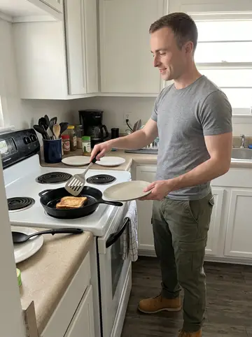 Philip, AI character: a modest Tulsa kitchen on a Sunday morning, cast-iron pan on the stove and plates on the counter