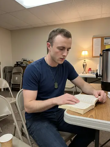 Philip, AI character: a Tuesday evening adult literacy class in a church annex in Tulsa, folding chairs and a coffee urn in the…