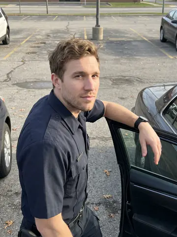 Brian, AI character: the edge of a municipal police parking lot in Dayton, beside the open door of his dark sedan after a court…