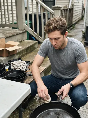 Brian, AI character: the back steps of his small apartment, wet concrete and a folding table covered with old cast-iron pans