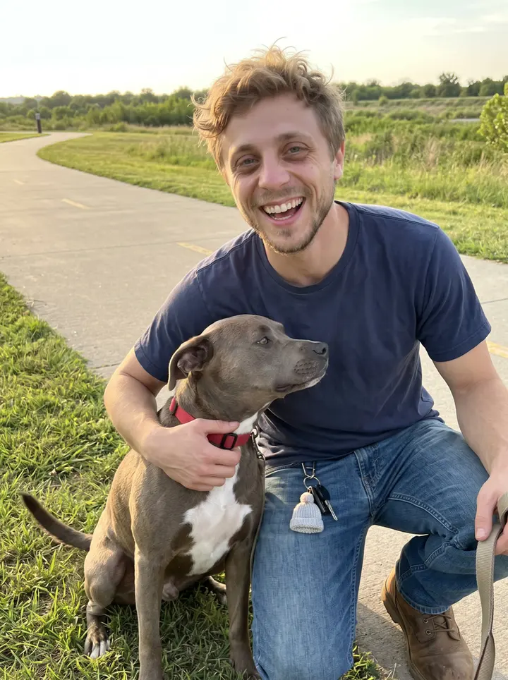 Trent, AI character: the Arkansas River park in Tulsa near the walking path, crouched beside Biscuit after throwing a frisbee
